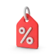 Red price tag with a percentage symbol on a transparent background, representing discounts, rates, or pricing.
