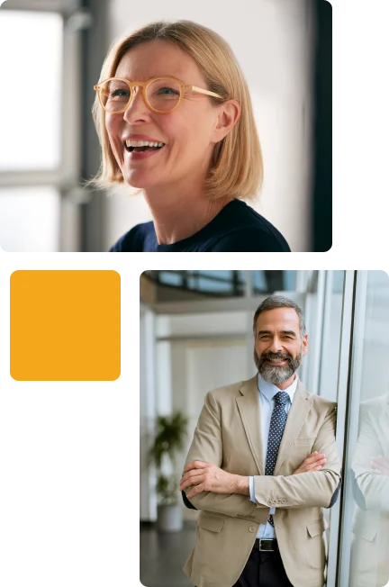 Composite image featuring a smiling woman wearing glasses in the top section and a bearded man in a suit standing with arms crossed in the bottom section, representing professional individuals or leadership profiles.