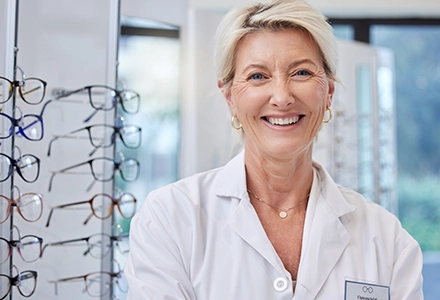 Smiling optician standing in an eyewear store, with a display of eyeglass frames in the background.