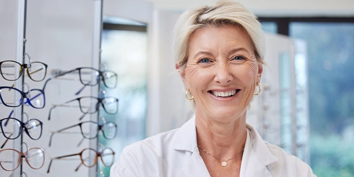 Smiling optician standing in an eyewear store, with a display of eyeglass frames in the background.