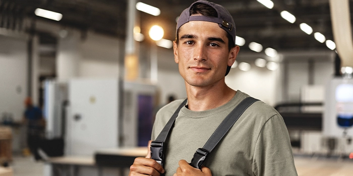 Young man wearing a cap and work overalls standing in an industrial workspace, looking at the camera.