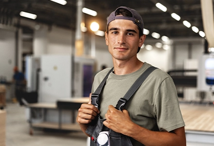 Young man wearing a cap and work overalls standing in an industrial workspace, looking at the camera.