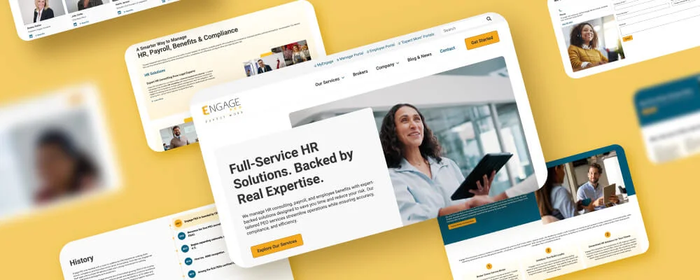 Website homepage for an HR services company displaying the headline ‘Full-Service HR Solutions. Backed by Real Expertise,’ with navigation menu, branding elements, and images of professionals.