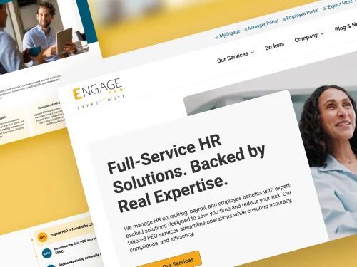 Website homepage for an HR services company displaying the headline ‘Full-Service HR Solutions. Backed by Real Expertise,’ with navigation menu, branding elements, and images of professionals.