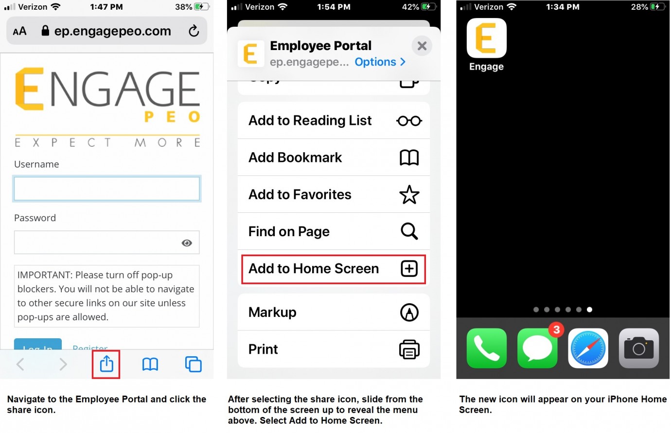Three-step iPhone tutorial showing how to add the Engage PEO Employee Portal to your home screen: Step 1 shows the Employee Portal login page in Safari with the Share button highlighted; Step 2 shows the Share menu with 'Add to Home Screen' highlighted in red; Step 3 shows the resulting Engage app icon on the iPhone home screen